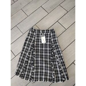 HY Black White Plaid Tweed Mini Skirt Fringed Boucle A-Line XXL New